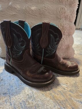 Ariat Brown Leather Western Heeled Boots with Turquoise Liner